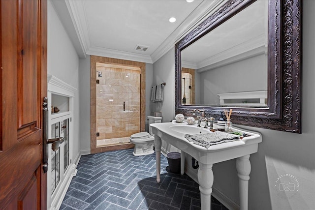 36W442 Hunters Gate Rd, Saint Charles, IL 60175 - full bath featuring brick floors, toilet, a stall shower, baseboards, and ornamental molding
