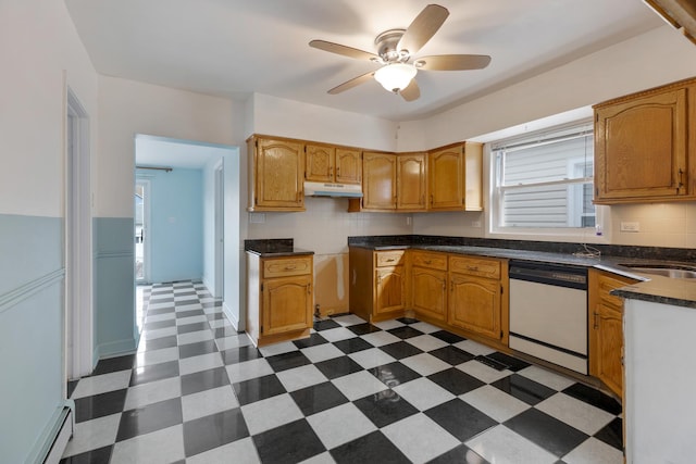 kitchen with under cabinet range hood, backsplash, dishwasher, a baseboard radiator, and ceiling fan