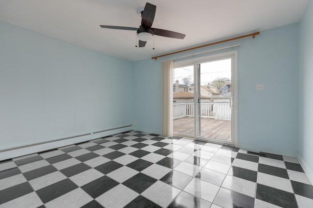 empty room featuring a baseboard radiator, a ceiling fan, and baseboards