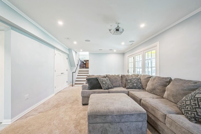 living area featuring stairway, crown molding, light colored carpet, baseboards, and recessed lighting