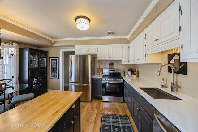 kitchen with visible vents, appliances with stainless steel finishes, white cabinetry, and a sink