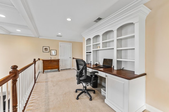 office featuring light carpet, built in study area, recessed lighting, crown molding, and visible vents