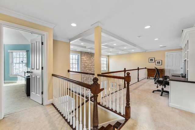 corridor with crown molding, an upstairs landing, light colored carpet, and recessed lighting