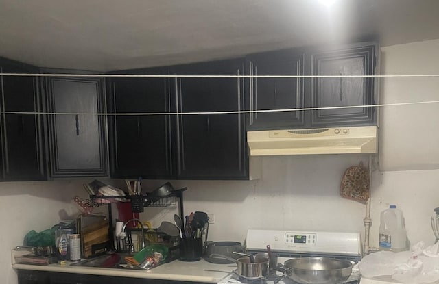kitchen with under cabinet range hood, a sink, electric range, and dark cabinetry