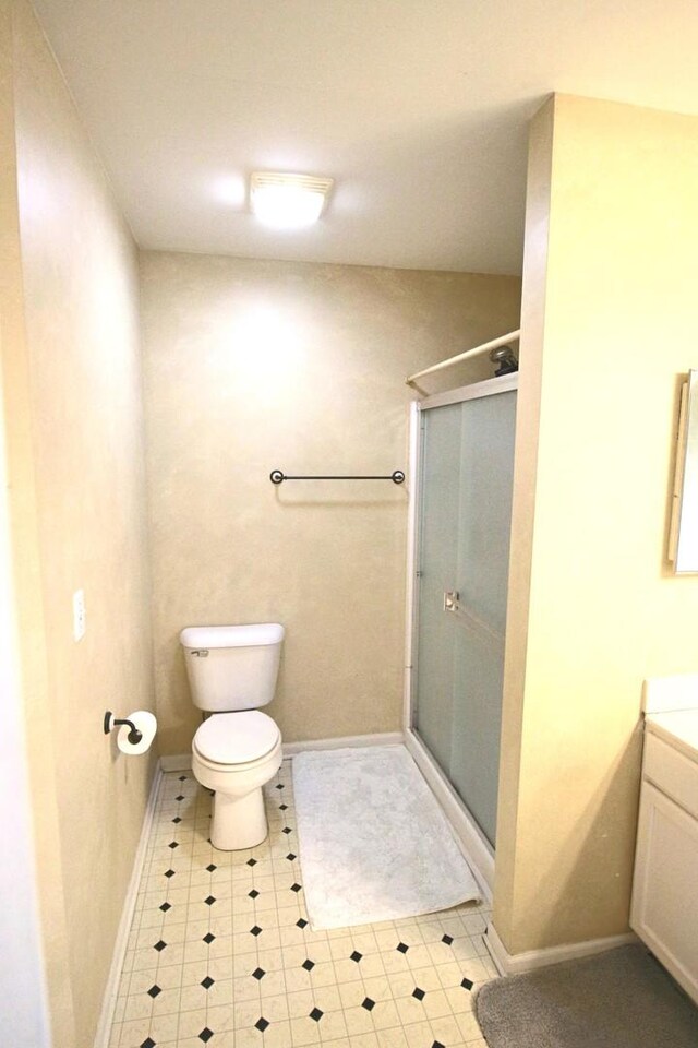 bathroom with toilet, vanity, and a stall shower