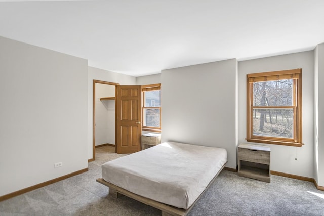 carpeted bedroom featuring baseboards and a walk in closet