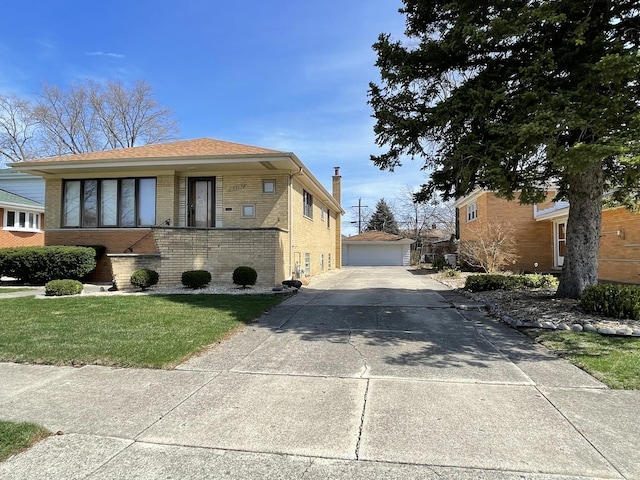 view of front of home featuring a detached garage, an outdoor structure, a front lawn, brick siding, and a chimney