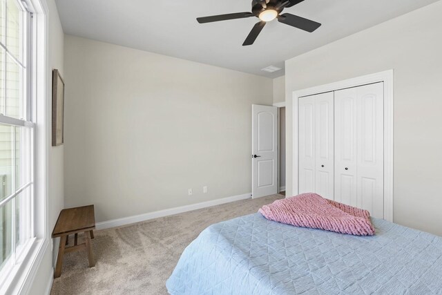 6367 Jasmine Ave, Portage, IN 46368 - bedroom with visible vents, a ceiling fan, carpet floors, a closet, and baseboards