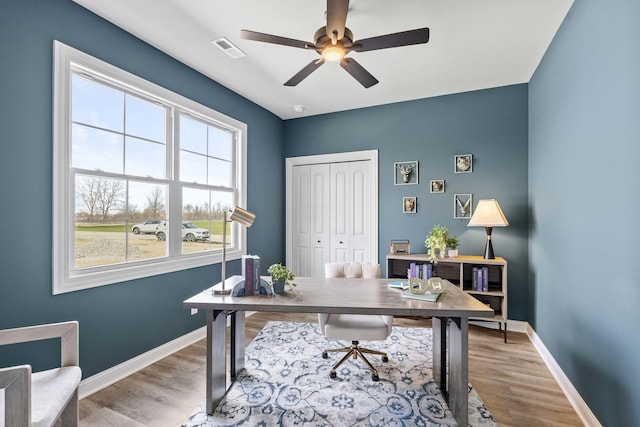 6367 Jasmine Ave, Portage, IN 46368 - home office with ceiling fan, baseboards, visible vents, and light wood-style flooring