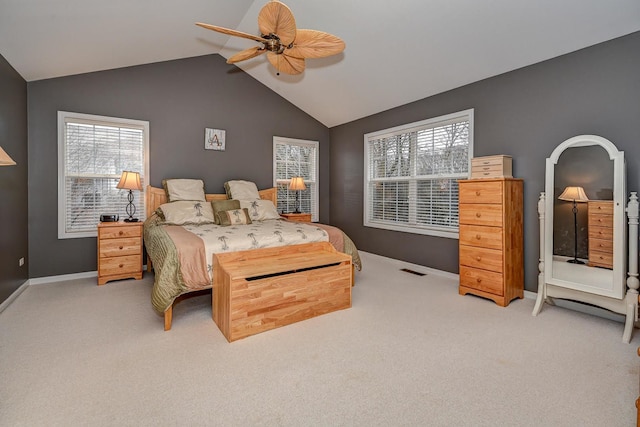 2136 Yale Cir, Hoffman Estates, IL 60192 - carpeted bedroom with ceiling fan, baseboards, visible vents, and lofted ceiling