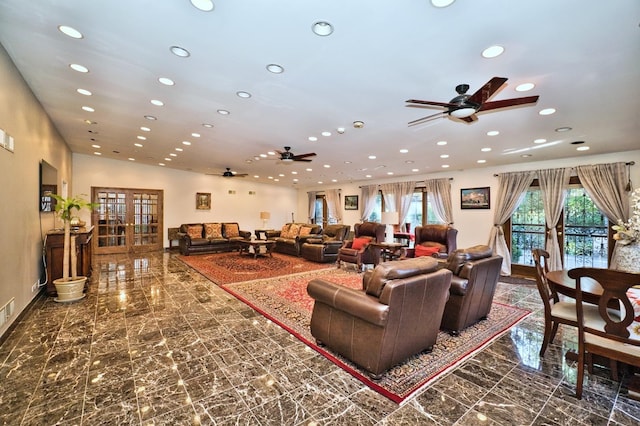 6776 N Laporte Ave, Lincolnwood, IL 60712 - living area with recessed lighting, ceiling fan, marble look tiles, and french doors