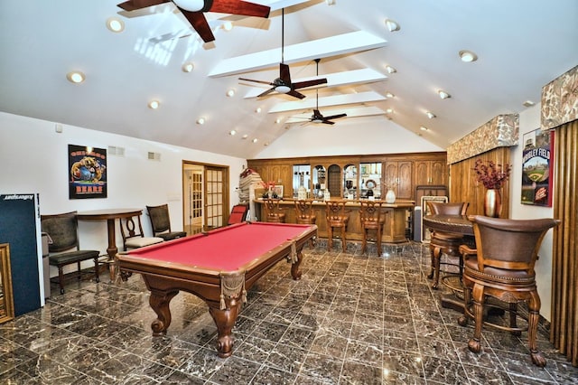 6776 N Laporte Ave, Lincolnwood, IL 60712 - playroom featuring a ceiling fan, billiards table, a bar, dark marble finish floors, and recessed lighting