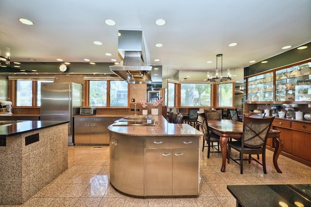 6776 N Laporte Ave, Lincolnwood, IL 60712 - kitchen featuring freestanding refrigerator, a chandelier, plenty of natural light, granite tiled floors, and recessed lighting