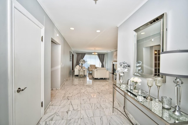 6776 N Laporte Ave, Lincolnwood, IL 60712 - corridor featuring light marble finish flooring, recessed lighting, and crown molding