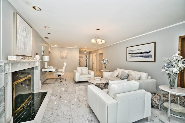6776 N Laporte Ave, Lincolnwood, IL 60712 - living room with a chandelier, light marble finish floors, a high end fireplace, and recessed lighting