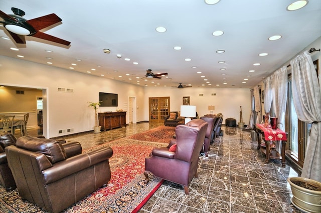 6776 N Laporte Ave, Lincolnwood, IL 60712 - living area featuring a ceiling fan and recessed lighting