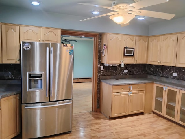 kitchen with ceiling fan, light wood finished floors, stainless steel refrigerator with ice dispenser, and light brown cabinets