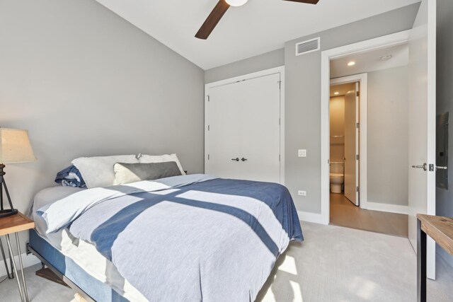 1701 W Webster Ave Unit 512, Chicago, IL 60614 - carpeted bedroom with visible vents, baseboards, a closet, ceiling fan, and lofted ceiling