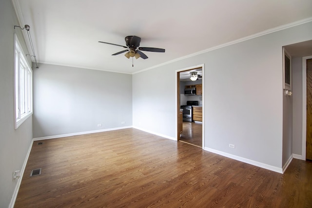 610 E Lemoyne Ave, Lombard, IL 60148 - unfurnished room with crown molding, ceiling fan, visible vents, wood finished floors, and baseboards