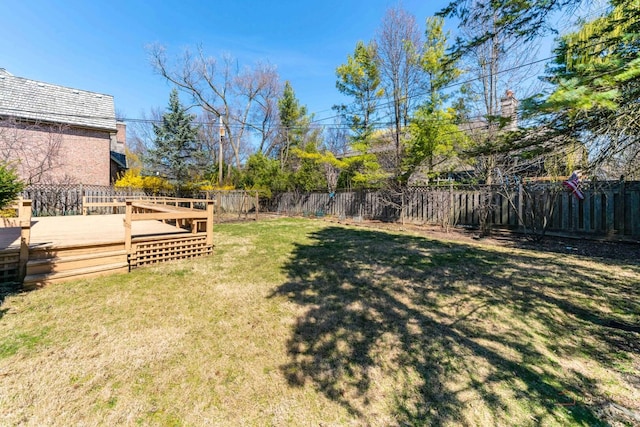 view of yard with a fenced backyard and a deck
