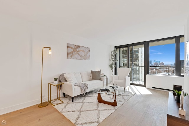 1560 N Sandburg Ter Unit 1011J, Chicago, IL 60610 - living area featuring a wall of windows, a city view, baseboards, and wood finished floors