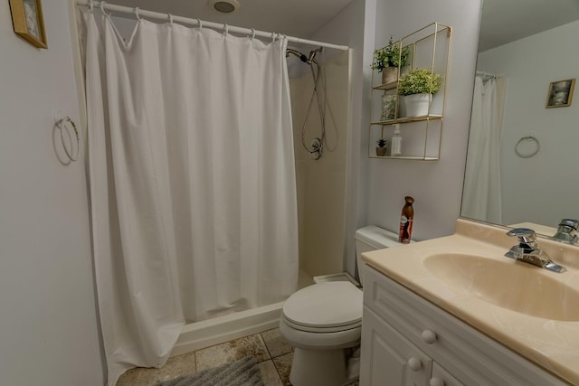 full bathroom with toilet, vanity, a shower with shower curtain, and tile patterned flooring