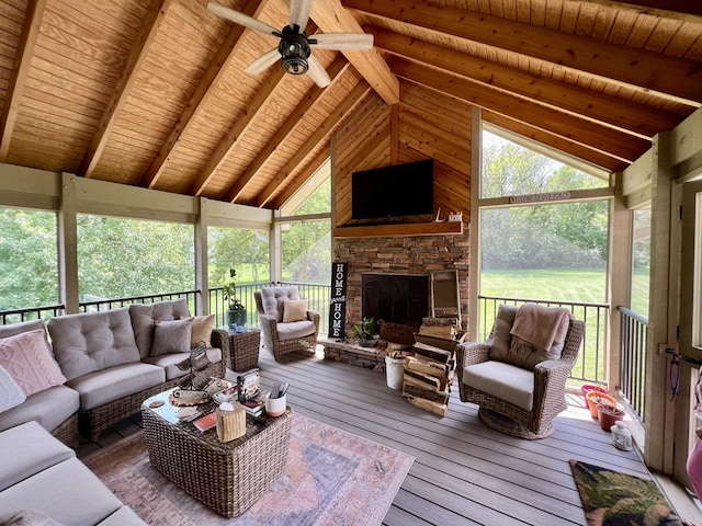 38W715 Bonnie Ct, Saint Charles, IL 60175 - sunroom / solarium with beamed ceiling, an outdoor living space with a fireplace, and a ceiling fan