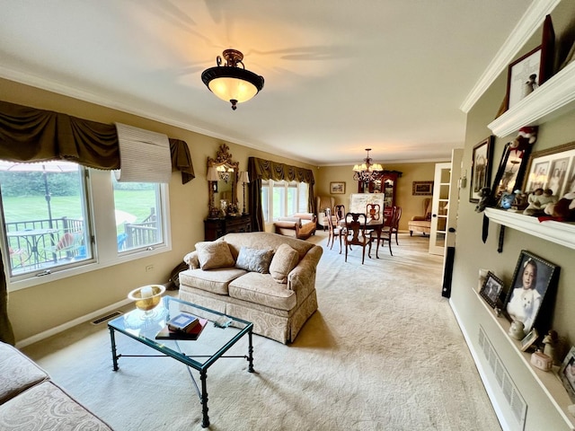 38W715 Bonnie Ct, Saint Charles, IL 60175 - living room with baseboards, light colored carpet, an inviting chandelier, and crown molding