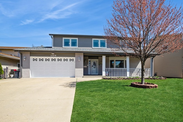 traditional home featuring concrete driveway, a front yard, brick siding, a garage, and covered porch