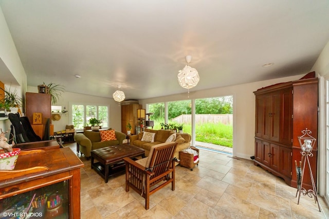 living area featuring stone finish floor