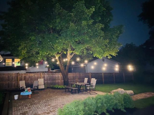 yard at twilight with a patio area and a fenced backyard