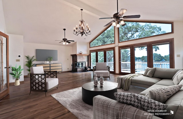 536 Circle Dr, Fox Lake, IL 60020 - living room with ceiling fan, high vaulted ceiling, dark wood-style floors, a tiled fireplace, and beam ceiling