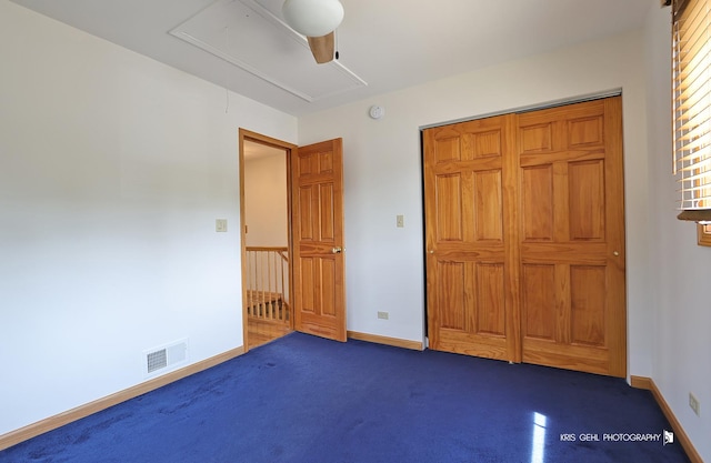 536 Circle Dr, Fox Lake, IL 60020 - unfurnished bedroom featuring attic access, dark colored carpet, and ceiling fan