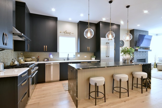 262 N Addison Ave, Elmhurst, IL 60126 - kitchen featuring high quality appliances, dark cabinetry, light wood-style flooring, decorative backsplash, and recessed lighting