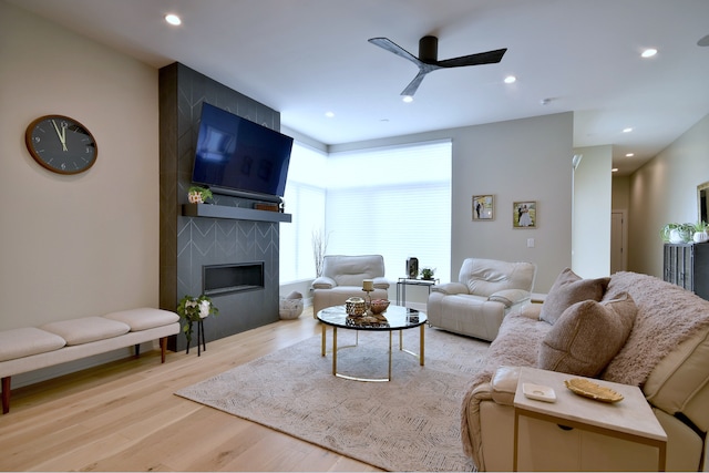 262 N Addison Ave, Elmhurst, IL 60126 - living area featuring wood finished floors, a ceiling fan, recessed lighting, and a fireplace