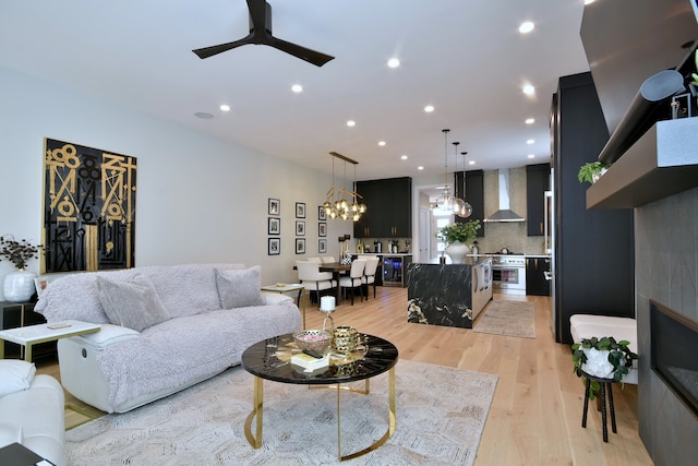 262 N Addison Ave, Elmhurst, IL 60126 - living room featuring ceiling fan, light wood-style flooring, a chandelier, and recessed lighting