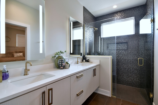 262 N Addison Ave, Elmhurst, IL 60126 - bathroom with a shower stall, double vanity, and tile patterned floors