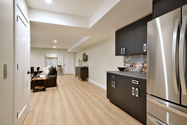 262 N Addison Ave, Elmhurst, IL 60126 - kitchen with freestanding refrigerator, dark cabinetry, light wood finished floors, recessed lighting, and backsplash