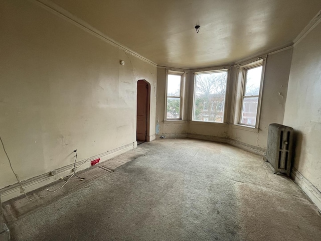 carpeted spare room featuring ornamental molding, radiator heating unit, and arched walkways