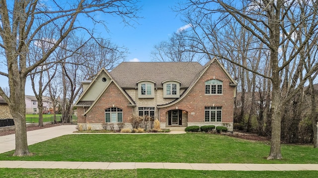 view of front of home featuring roof with shingles, a front yard, fence, brick siding, and concrete driveway