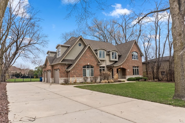 french country style house with stucco siding, driveway, stone siding, a front lawn, and fence