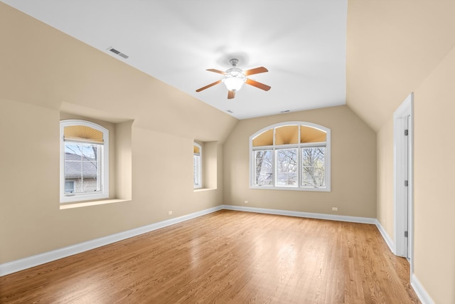 empty room featuring light wood finished floors, lofted ceiling, a ceiling fan, and visible vents