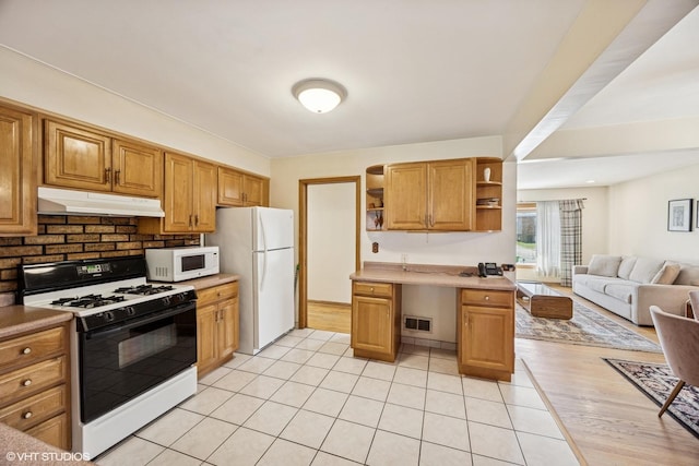 kitchen featuring white appliances, open shelves, visible vents, under cabinet range hood, and open floor plan