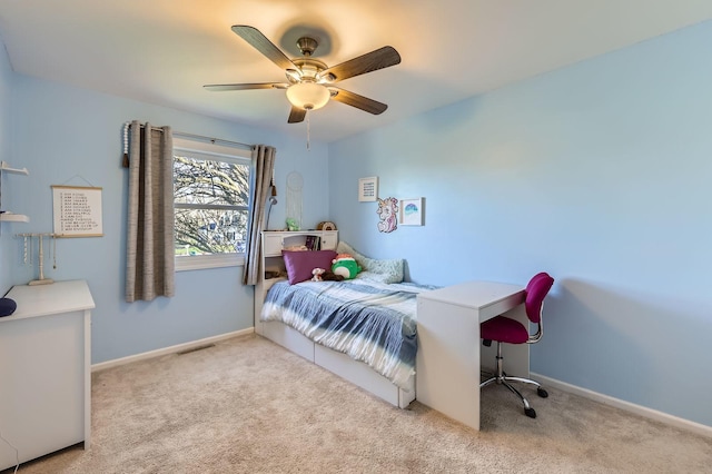 bedroom with carpet flooring, baseboards, a ceiling fan, and visible vents