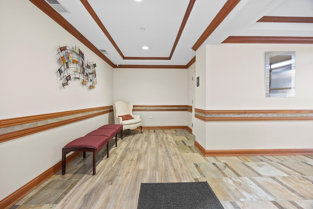17 E Hattendorf Ave Unit 205, Roselle, IL 60172 - living area featuring crown molding, light wood-style flooring, recessed lighting, and a tray ceiling