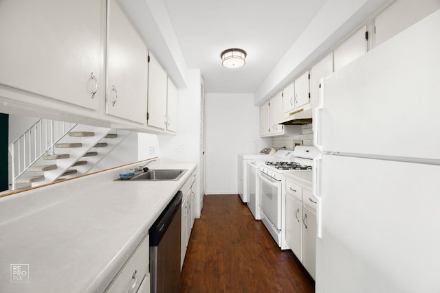 1593 Cornell Pl, Hoffman Estates, IL 60169 - kitchen with white appliances, washer / dryer, under cabinet range hood, dark wood-style floors, and light countertops