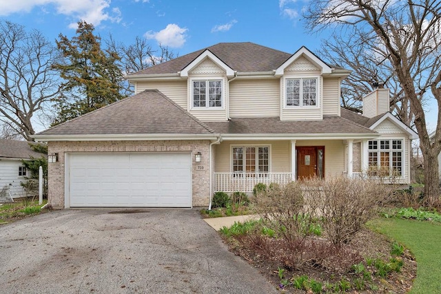 9S739 Circle Ave, Hinsdale, IL 60527 - view of front facade with aphalt driveway, a garage, a porch, a chimney, and a shingled roof