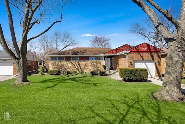 ranch-style home with a front yard, brick siding, a garage, and concrete driveway