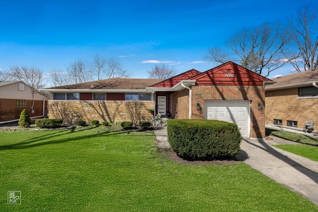 ranch-style house with driveway, a front lawn, brick siding, a garage, and fence