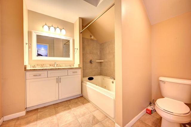 9208 Dexter Ct, Orland Park, IL 60462 - bathroom with vanity, baseboards, vaulted ceiling, shower / tub combination, and toilet